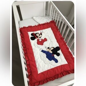 Vintage Disney baby handmade quilt Mickey and Minnie Mouse - ruffle